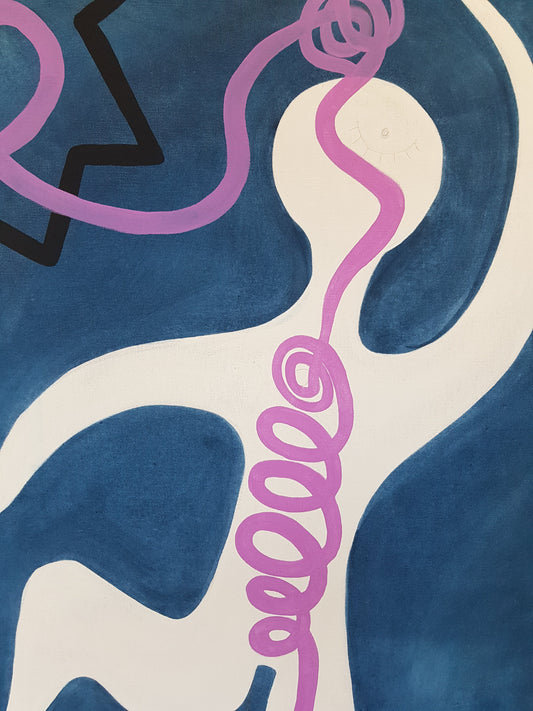 Abstract canvas painting with white silhouette, purple spiral, and blue tones, symbolizing transformation into strength and light