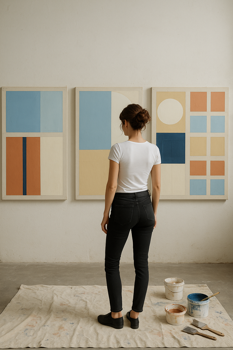 Artist standing in an art studio, observing abstract geometric paintings in soft earth tones and blues.
