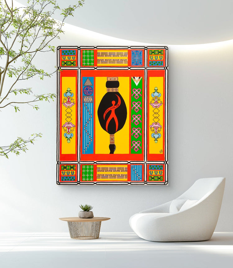 Colorful contemporary painting with vibrant Maasai-inspired patterns in red, yellow, green, and blue, hanging on a white wall above a modern armchair and small table – Art by Dorothée Rodriguez Velar