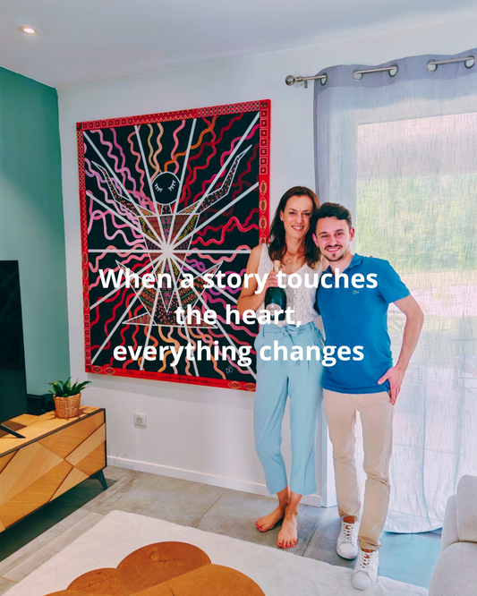 Contemporary artist Dorothée Rodriguez-Velar with an art collector and the painting The Power of Forgiveness, symbol of resilience and light.