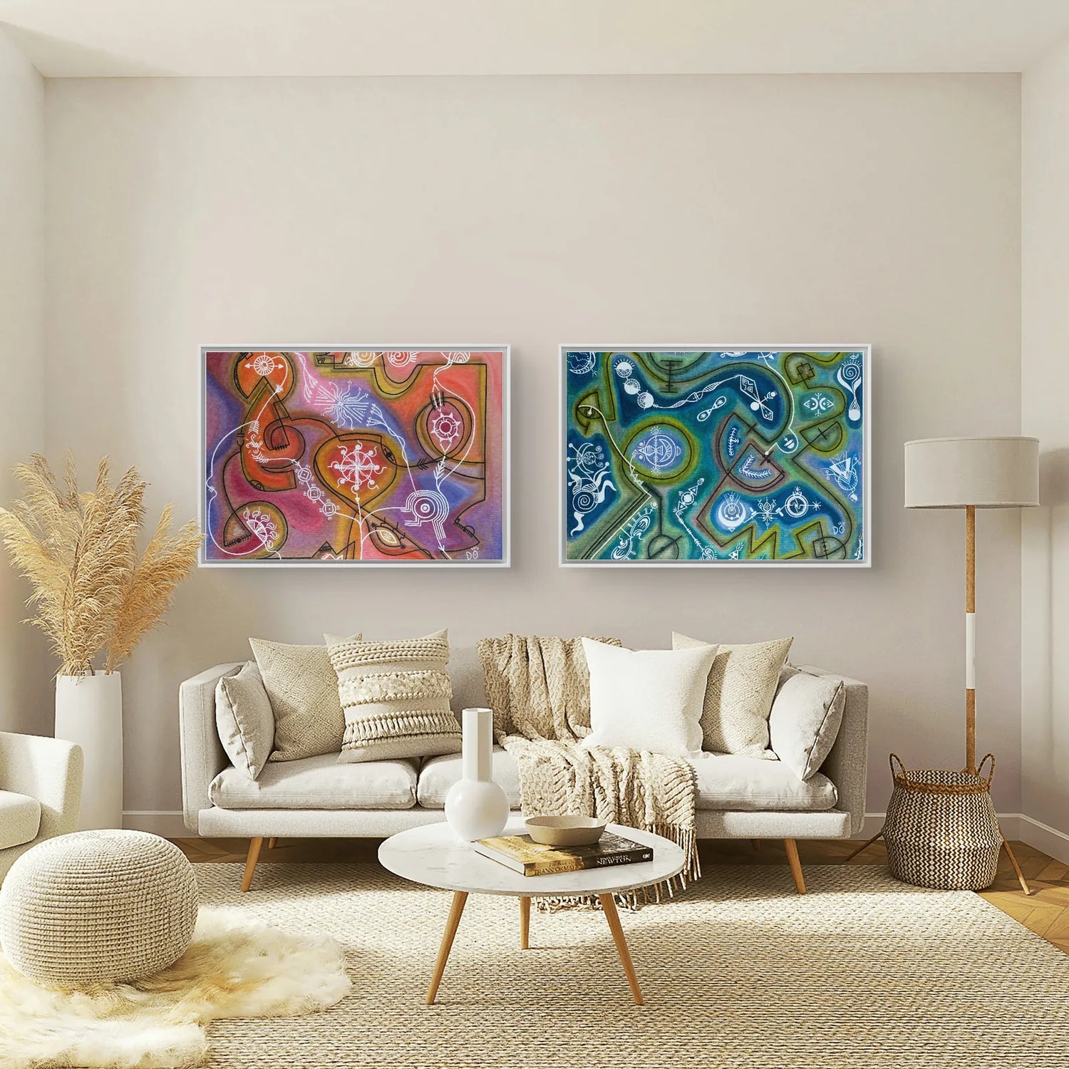 Modern boho living room with two colorful abstract canvas prints by Dorothée Rodriguez Velar, spiritual art symbolizing connection and harmony, beige sofa and natural decor.