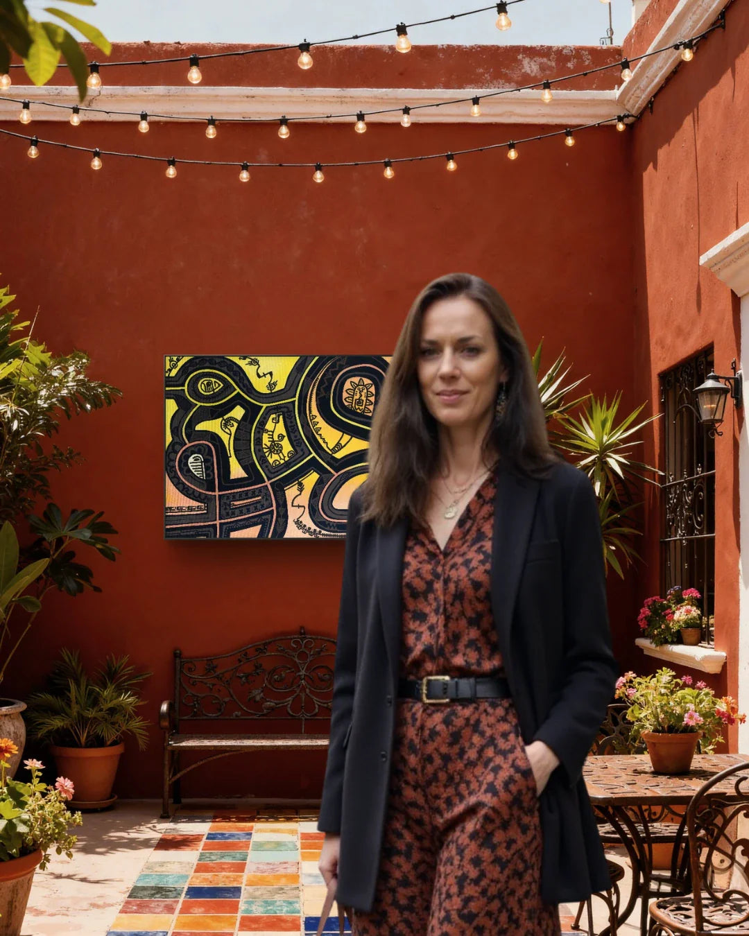 Artist standing in an art studio, observing abstract geometric paintings in soft earth tones and blues.