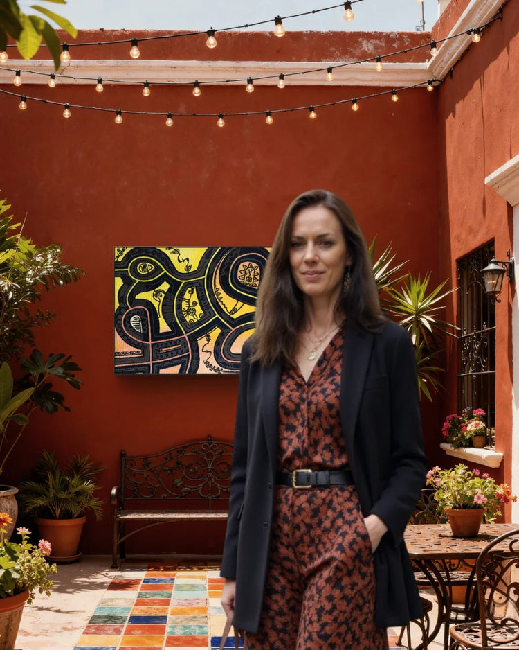 Artist standing in an art studio, observing abstract geometric paintings in soft earth tones and blues.